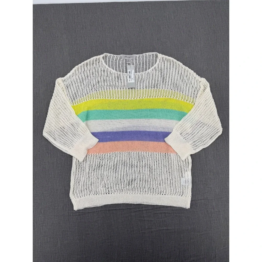 Honey & T Francescas Rainbow Stripe Open Weave‎ Knit Sweater Cream Medium NEW
